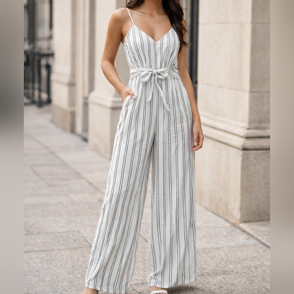 Streetwear Society Black & White Vertical Striped Spaghetti Strap Jumpsuit